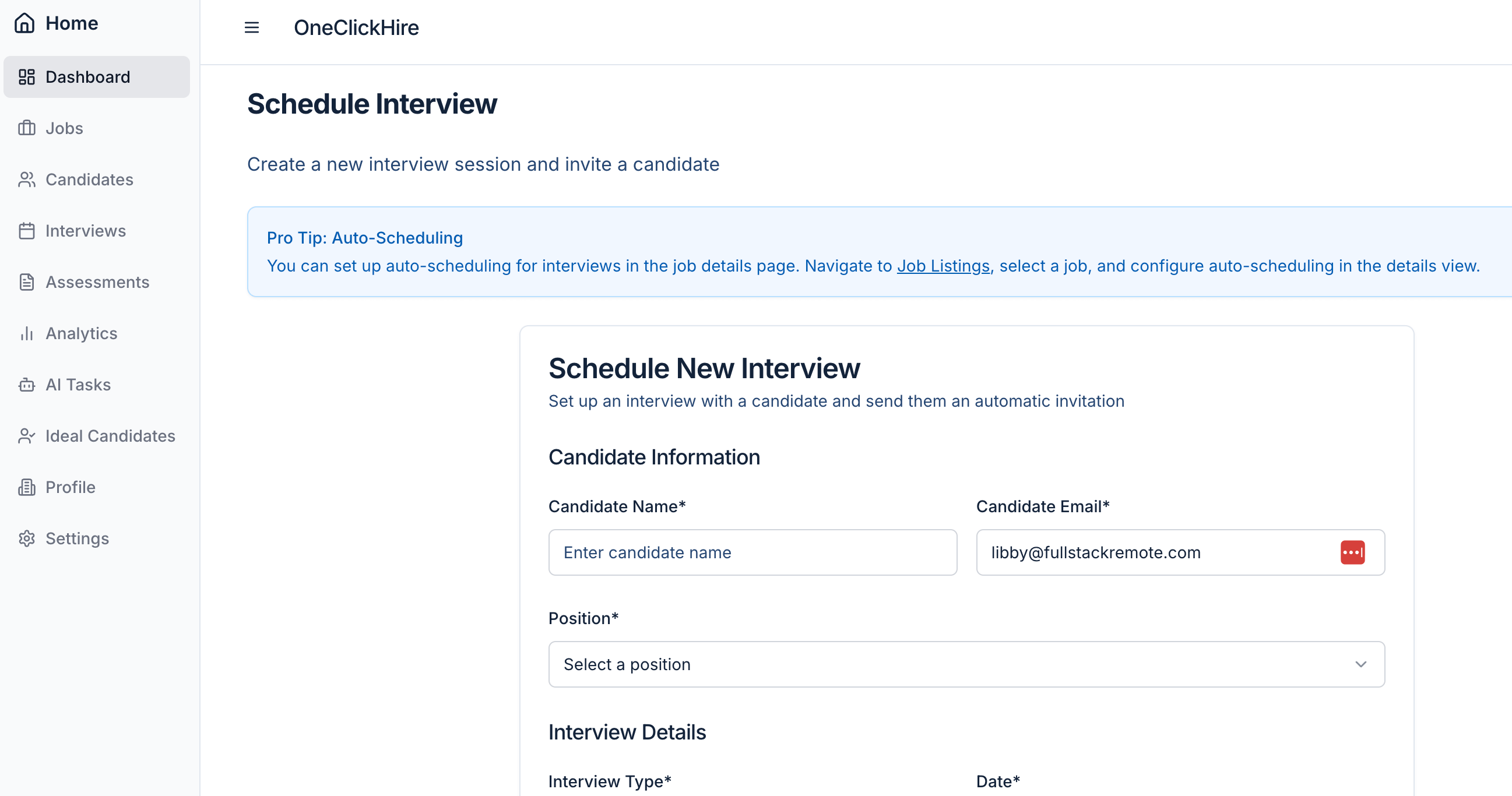 AI interview scheduling tool dashboard showing automated calendar coordination for small business recruiting